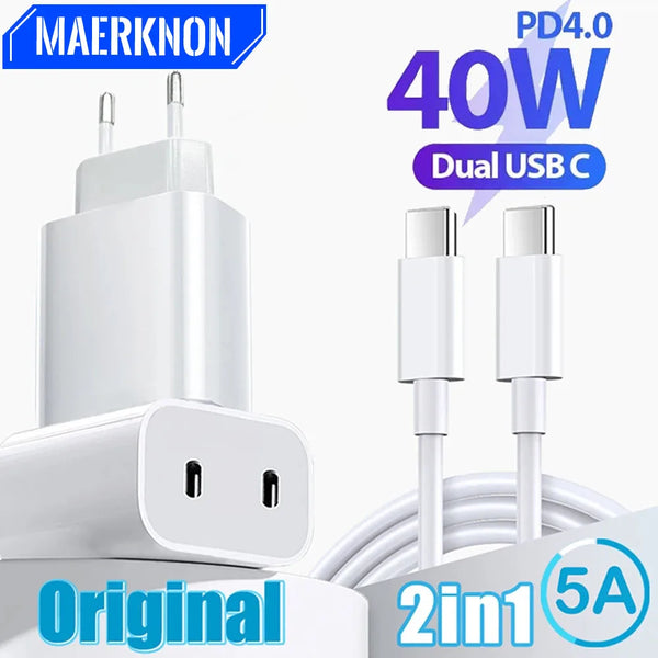 Maerknon 40W USB PD Charger - Dual Type-C Quick Charge Adapter